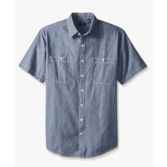 Amazon Essentials Men's Blue Cotton Chambray Button Down Short Sleeve Shirt - Picture 1 of 10